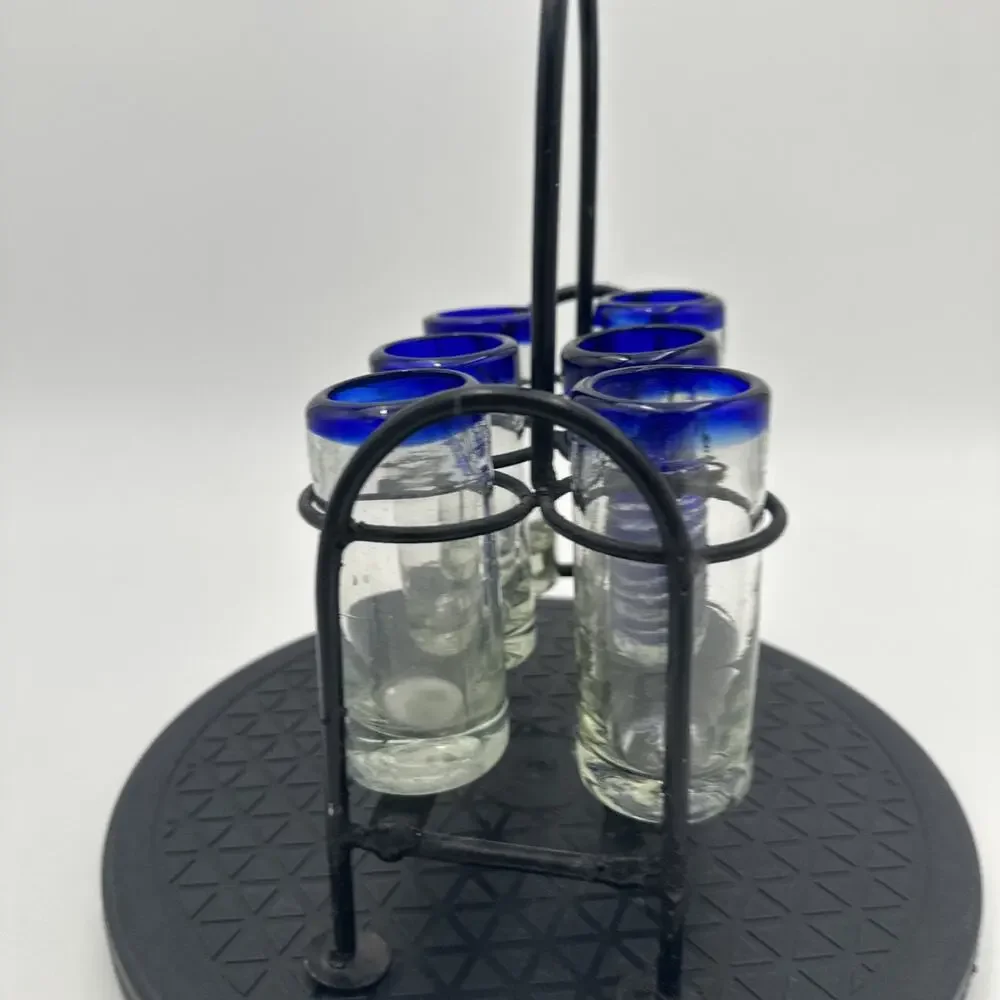 Hand blown Shot Glasses With Metal Caddy. Set Of 6